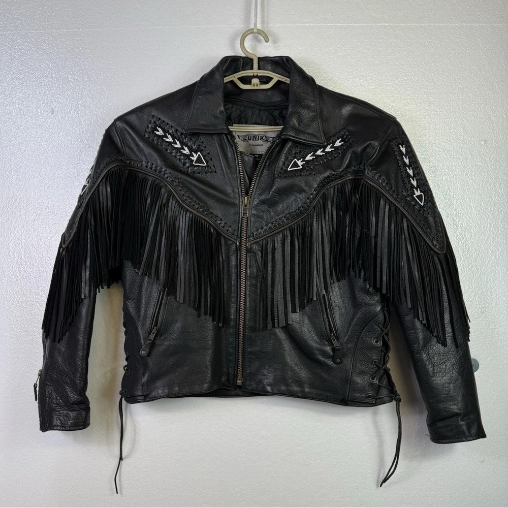 Unik Leather Motorcycle Jacket Mens Sz M Black Fringe Beaded Southwestern Biker